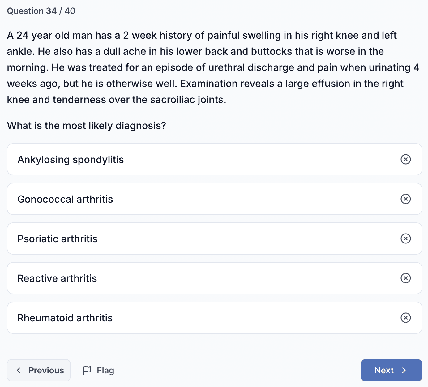 StackMed question session showing a clinical question about reactive arthritis with five answer options