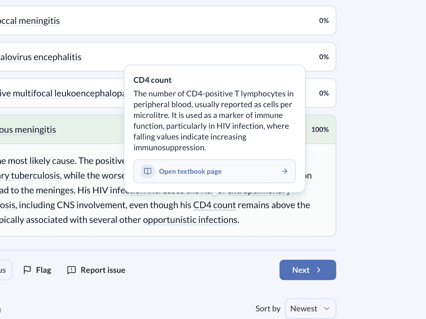 StackMed inline glossary tooltip showing a medical term definition inside a question session