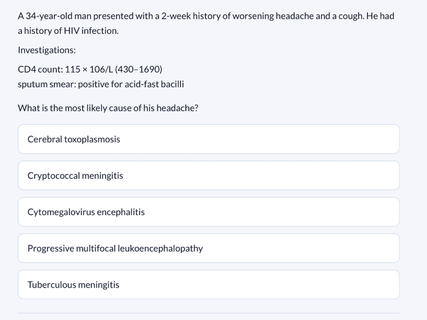 StackMed question interface showing a clinical SBA scenario with five answer options