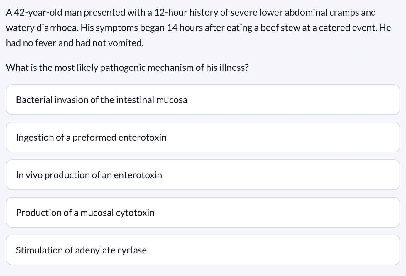 StackMed MRCP Part 1 question session showing a clinical best-of-five question