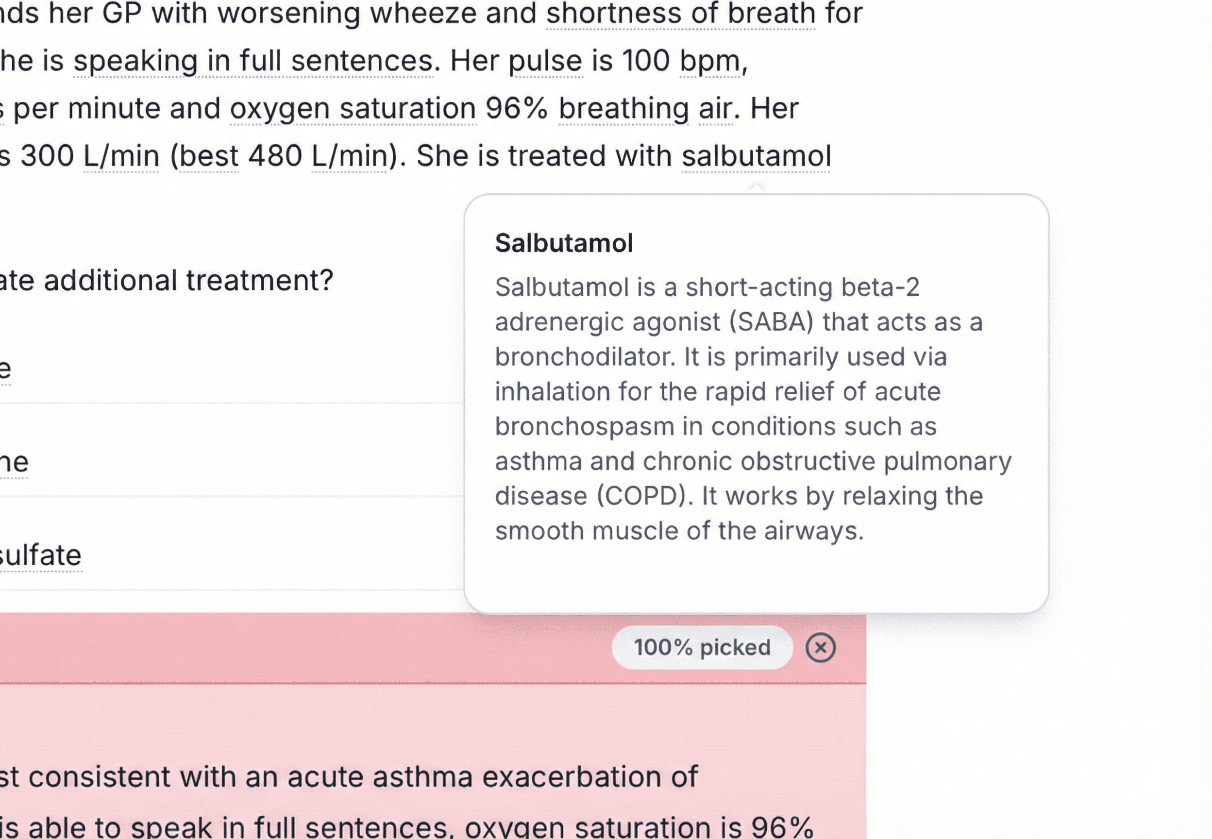StackMed inline glossary tooltip showing a medical term definition inside a question session