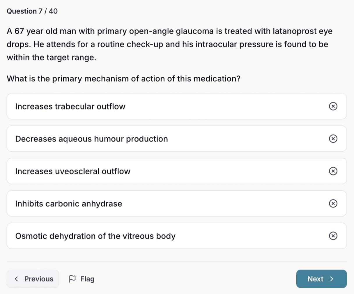 StackMed question session showing a UKMLA-style glaucoma question with five answer options