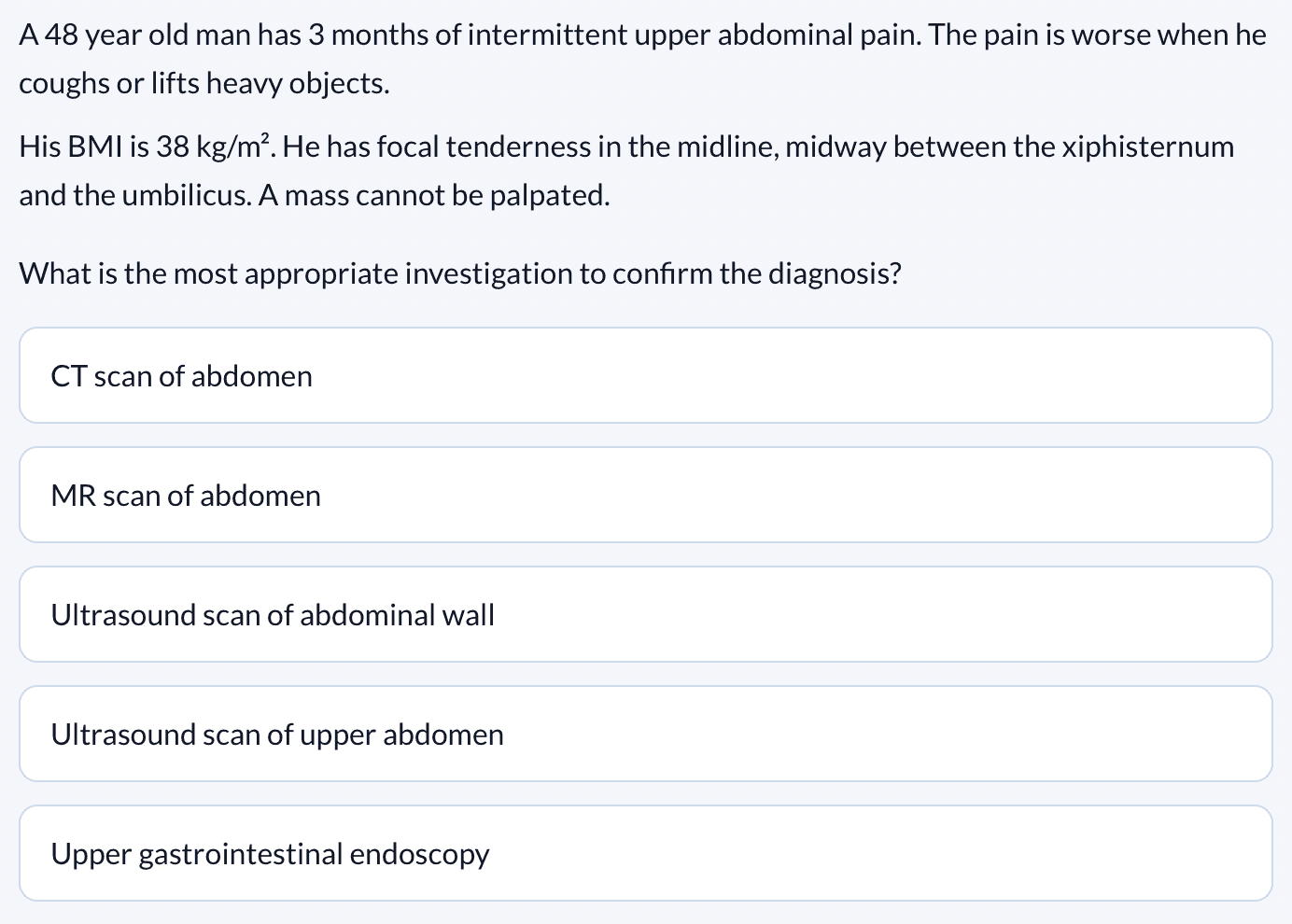 StackMed question session showing a UKMLA-style clinical question with five answer options